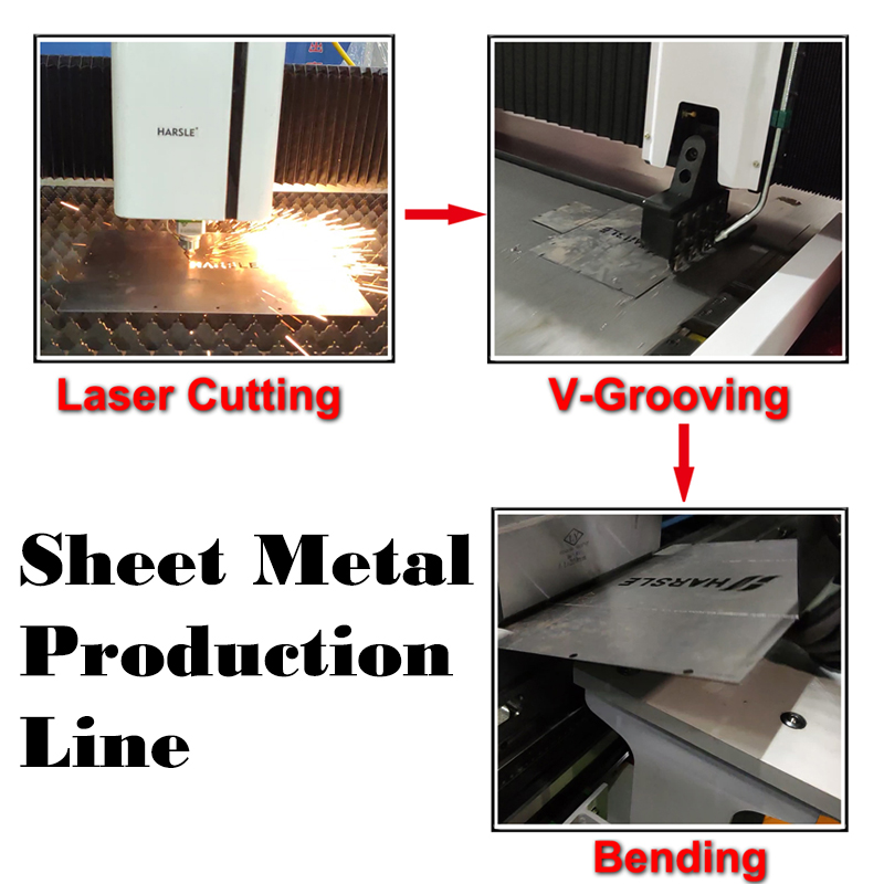 خط إنتاج الصفائح المعدنية مع آلة قطع الليزر ، آلة CNC V Grooving Machine ، CNC Press Brake